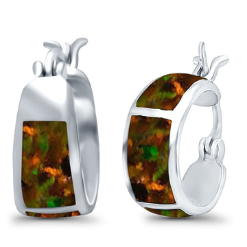 Hoop Huggies Earrings Irregular Shape Lab Created Black Opal 925 Sterling Silver